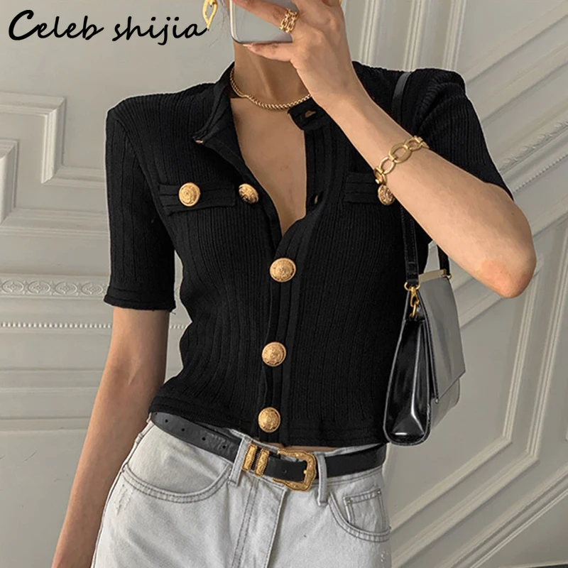 

Golden Button Sweater Woman Fall New Short-sleeve Elegant Runway Knit Cropped Cardigan Women Korean Single Breasted Coat