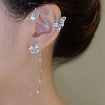 Ear Clip Earrings Gold Silver Color Metal Butterfly Ear Clips Without Piercing For Women Sparkling Zircon Ear Cuff Clip Earrings Wedding Jewelry