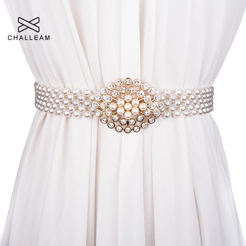 Luxury Women Pearl Belt For Dress Elegant Floral Buckle Full Plastic