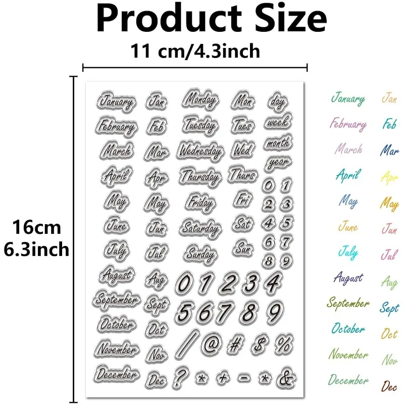 Word Clear Stamps 1Sheet Date Month Number Reusable Postmark Transparent Silicone Stamp Seals for Journaling Card Making Decor