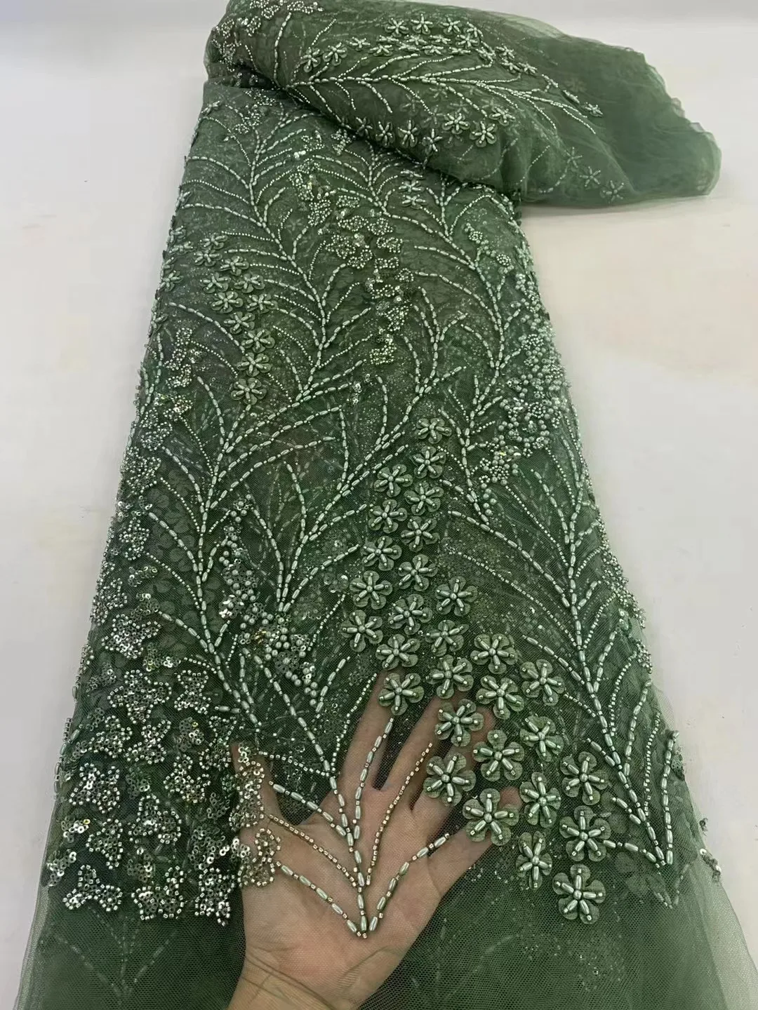 

Newest Africa Handmade Embroidered Tulle Net Fabric With Beads Luxury ALgeria Sequins Net Lace Evening Wedding Party Dress