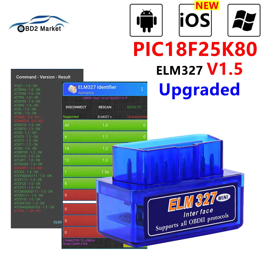 Elm327 V1.5 Pic18F25K80 2Pcb Obd2 Bluetooth 5.0 Per Android/Ios Auto Tool Scanner Obd 2 Lettore Di Codici Adattatore Diagnostico Per Auto