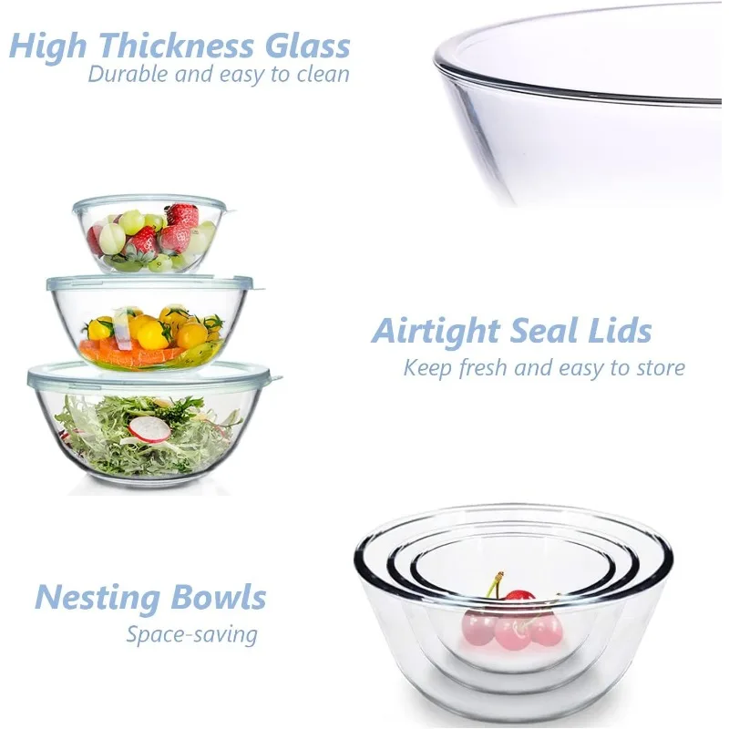 Glass Mixing Bowls with Lids Set of 3 3