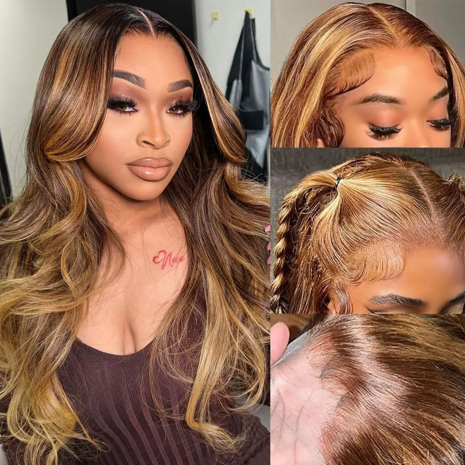 30 Inch Ombre Honey Blonde 13x4 Highlight Body Wave Lace Front Wig Human Hair Pre Plucked With Baby Hair 4/27 200% Density Color 5