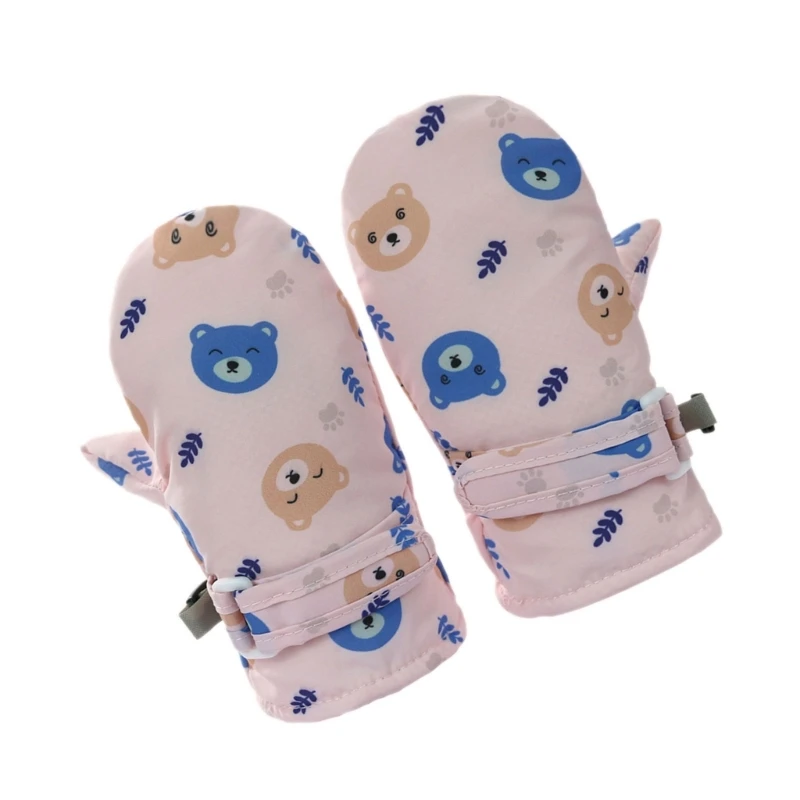 B2EB Windproof Children Warm Snow Gloves Printed Cartoon Bear Thicken Thermal Mitts
