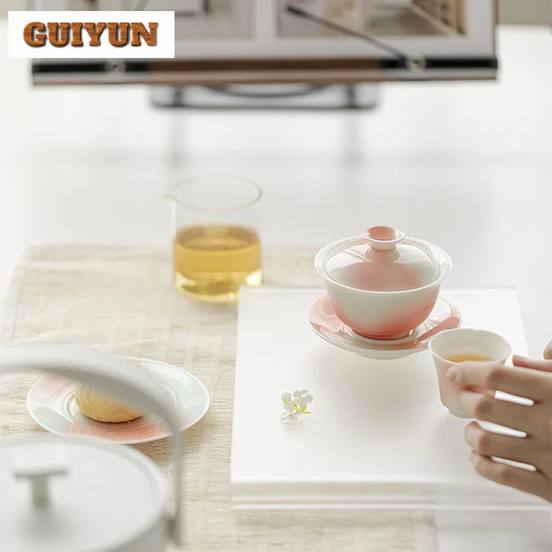 130ml Grapefruit Jasmine Ceramic Sancai Gaiwan Aesthetic Gradual Color Tea Tureen Tea Maker Cover Bowl Ceremony Decoration