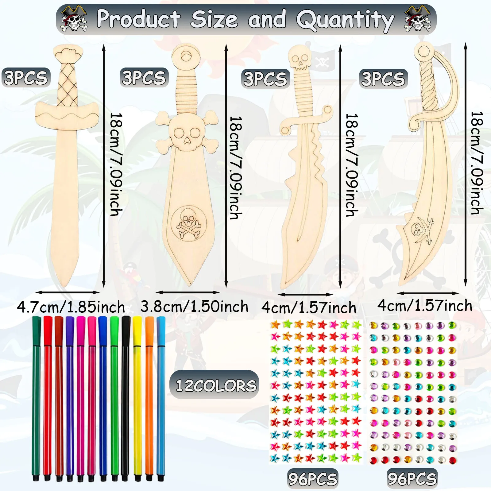 Ensemble de couteaux de pirate en bois inachevé, bricolage, artisanat de peinture fait à la main en bois, adapté à diverses fêtes, cadeaux de fête, 216 pièces