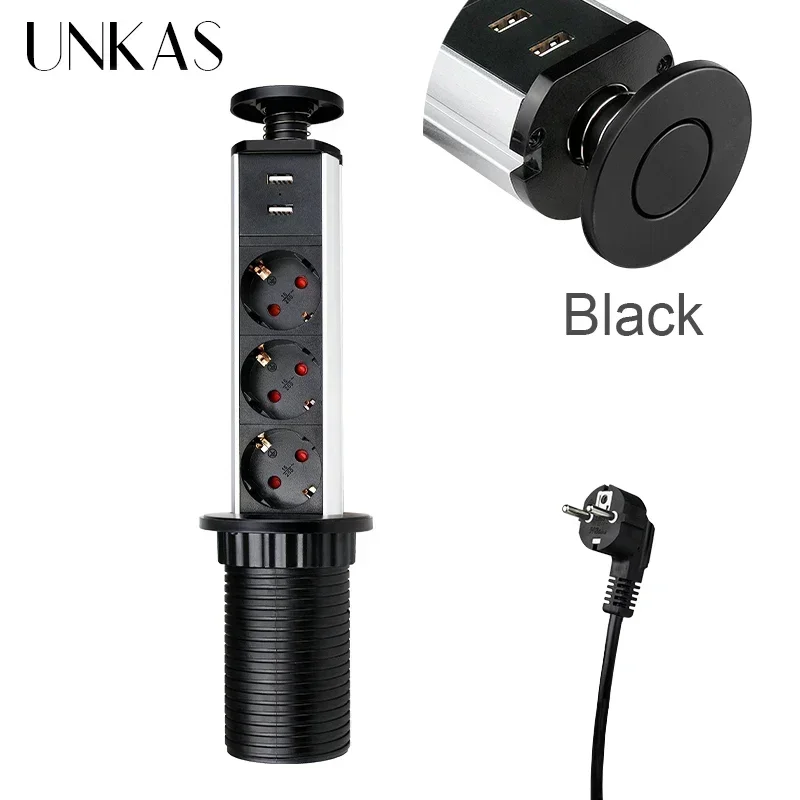 Enhanced Product Title:   
Sleek Black Pop-Up Power Socket with 3 EU Outlets for Kitchen and Desktop Countertops