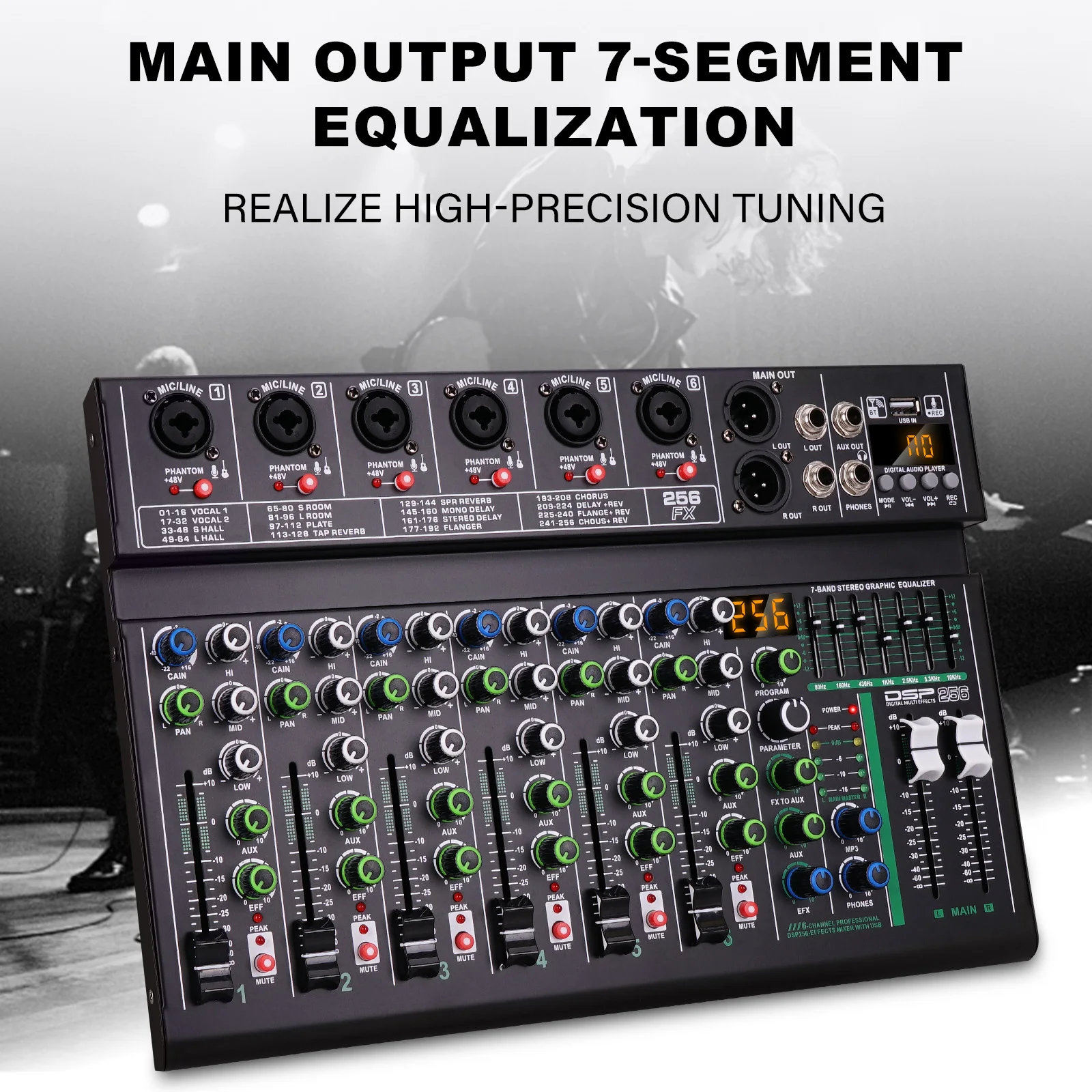 4/6 Channel Audio Interface Mixing Console 256-Bit DSP DJ Mixer Audio Reverb Effect+48V Phantom Bluetooth Mixer