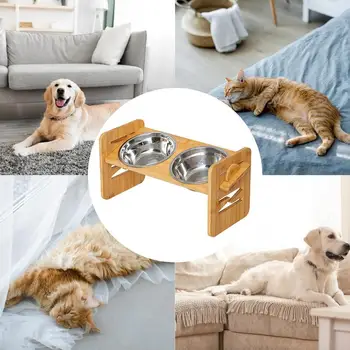 Pet Double Feeding Bowl Tilt Elevated Pet Puppy Feeding Double Dishes Adjustable Height Dog Stainless Steel Bowls With Stand For 5
