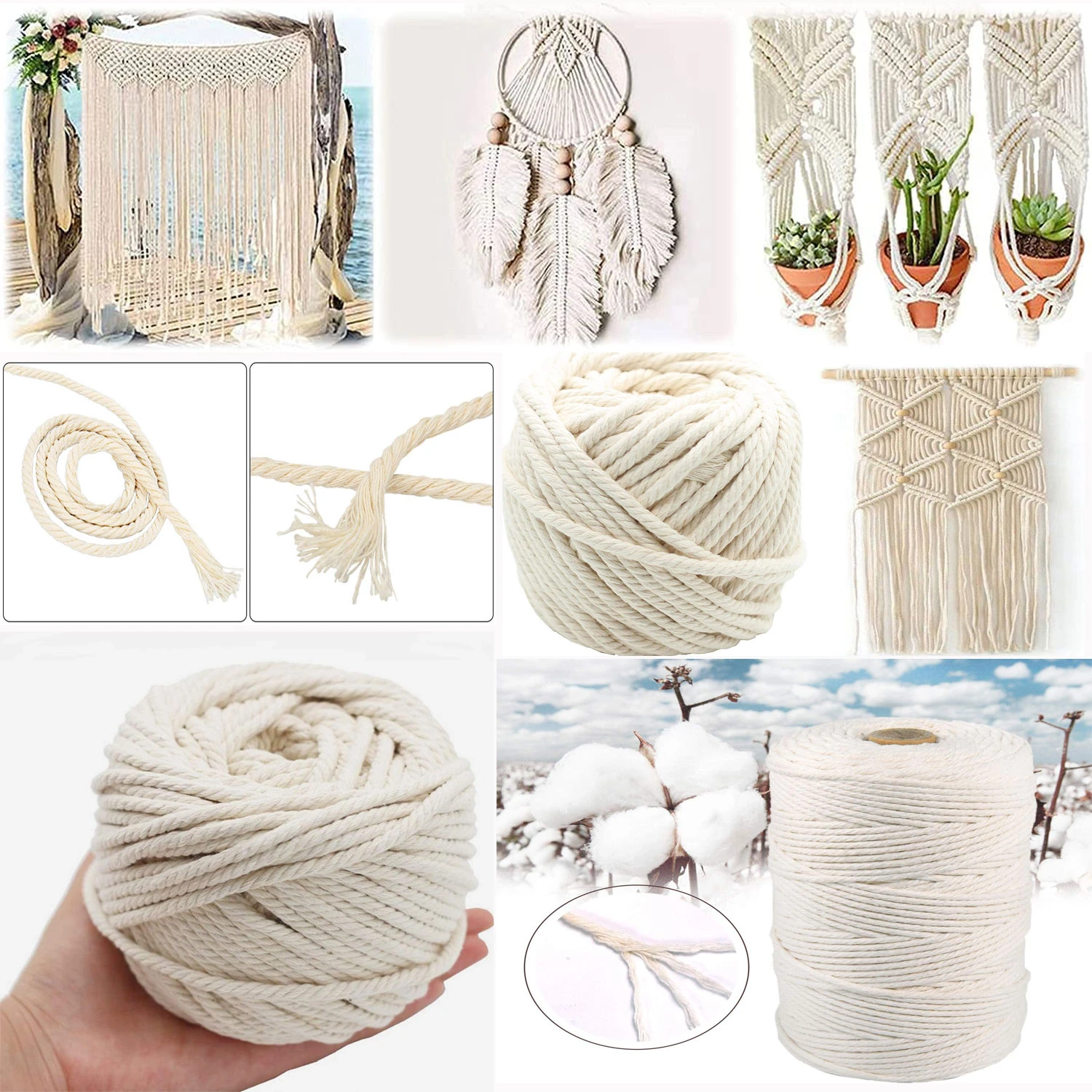 2-100M Macrame Cotton Cord Thread Rope Craft for Wall Handmade  Natural Cotton Twisted Rope Handmade Decorative DIY Home Crafts Adhesive Fastener Tape