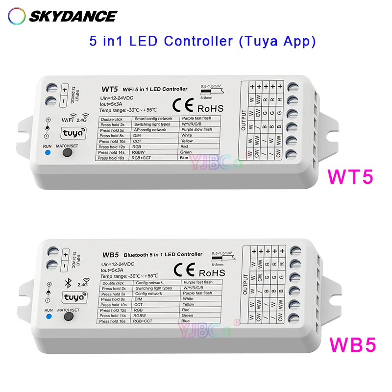WiFi/Bluetooth 5 in 1 LED strip controller RGB,RGBW,RGBCCT,CCT,Single color 5 in 1 LED lights RF Remote,Tuya APP Control 12V 24V