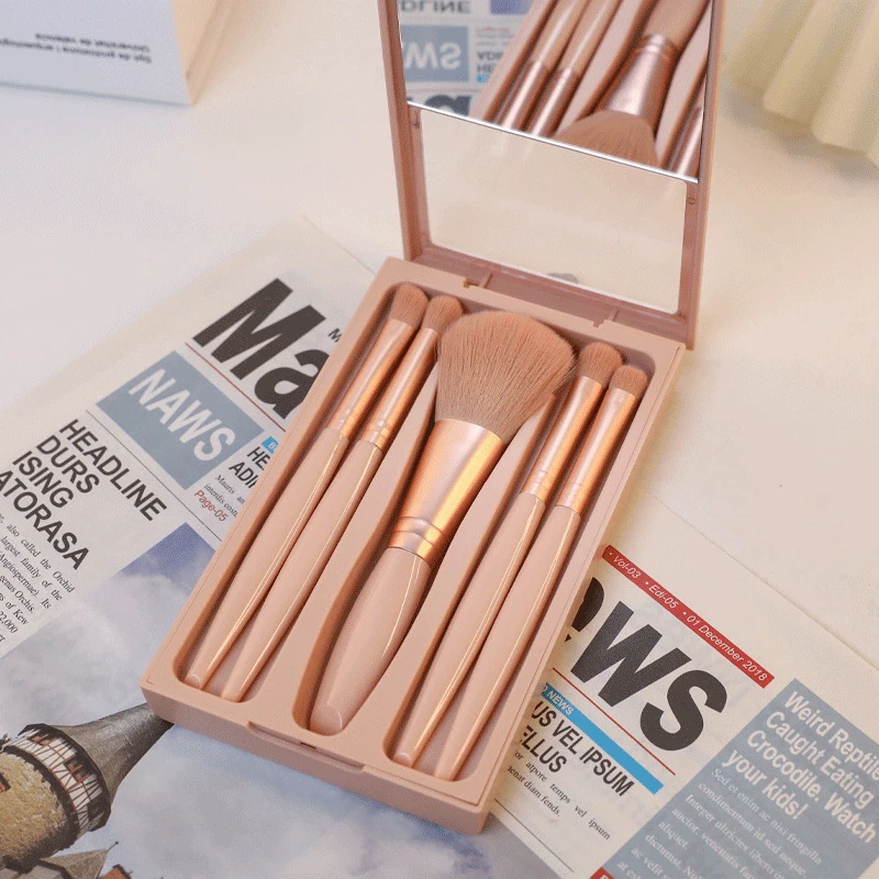 5pcs/set Makeup Brush With Mirror Box Soft-bristled Loose Powder Eyeshadow Blusher Brush Home Travel Portable Makeup Kit