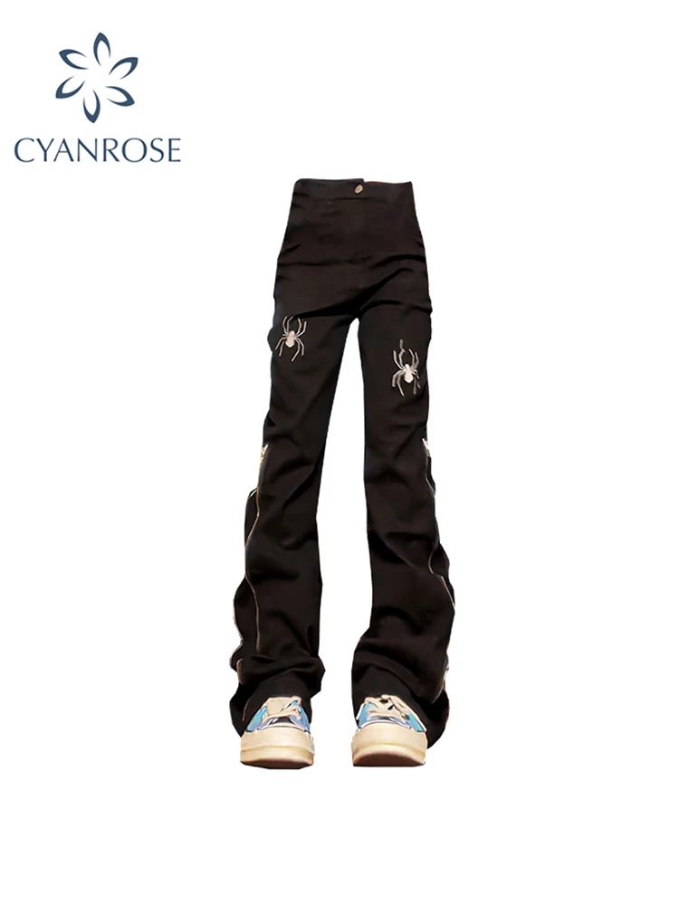 

Женские черные готические расклешенные джинсы с пауком, винтажные мешковатые джинсовые брюки в стиле 90-х, широкие ковбойские брюки в стиле Харадзюку, одежда в стиле панк, Y2k, 2000