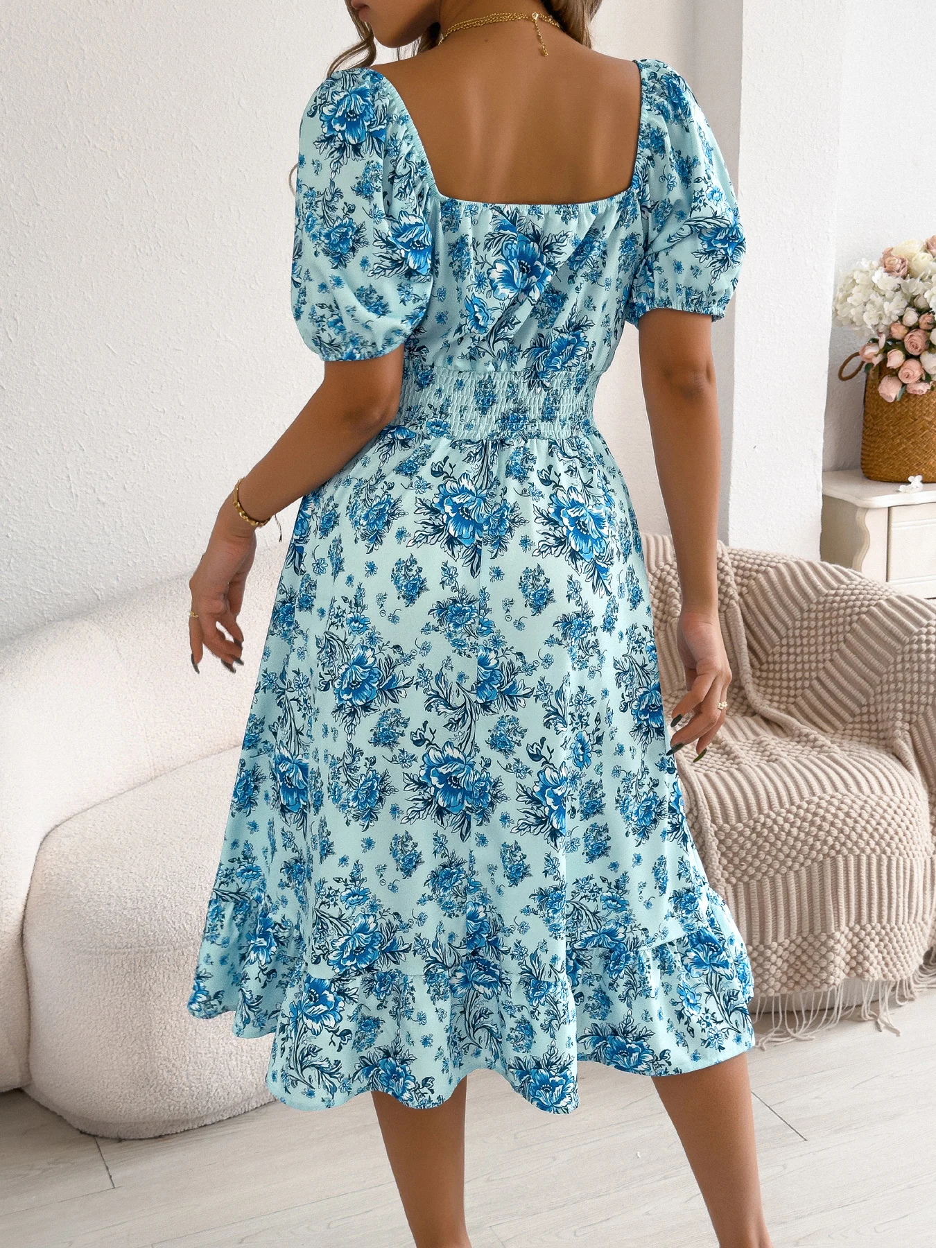 Floral Print Midi Dress for Women Pink Blue
