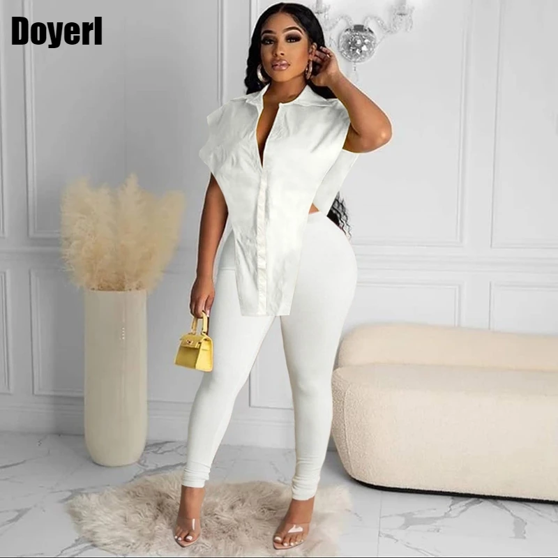 Conjunto de dos piezas blanco Sexy para mujer, traje elegante de camisas irregulares, pantalones de lápiz, para mujer, trajes para fiesta, Club, Festival|Conjuntos de mujer| - AliExpress