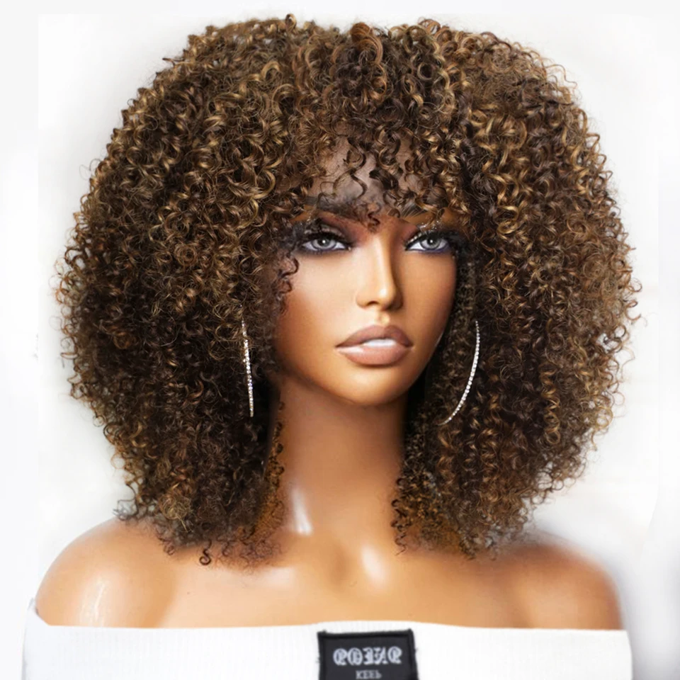 Human Hair Wigs Short Afro Kinky Curly Wig With Bangs Peruvian Highlight Brown Glueless Full Machine Wig 250 Density For Black Women Human Hair