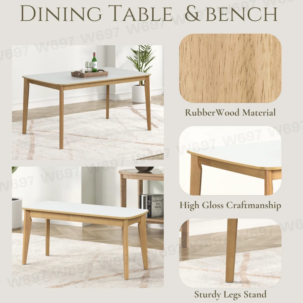 6-piece Dining Table Set, One Table One Bench and Four Chairs, High Gloss White Tabletop With Light Oak Color 3