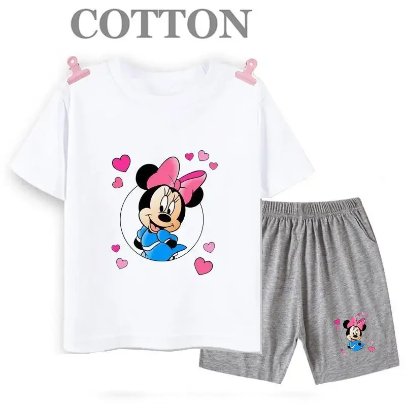 thumbnail image 1 of Conjunto de pantalones cortos de manga corta de verano para niños, camiseta de dibujos animados de Disney Mickey y pantalones, conjunto de 2 piezas, ropa linda para niñas y niños pequeños, 1 of 5