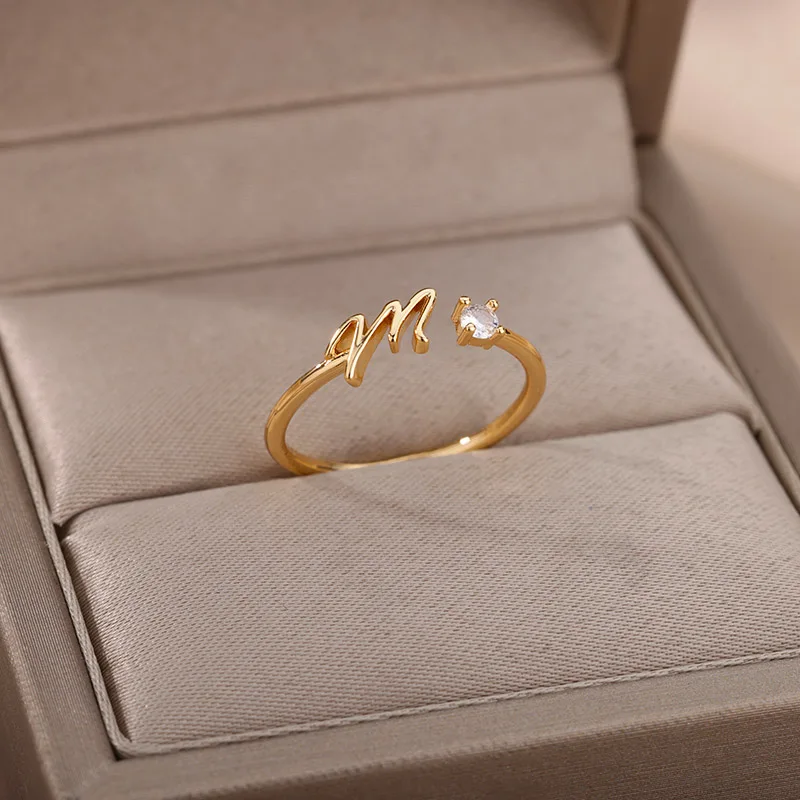 Gold Rings For Women A-Z Initial Open Adjustable Stainless Steel Wedding 2025 Trend Couple Jewelry Gift