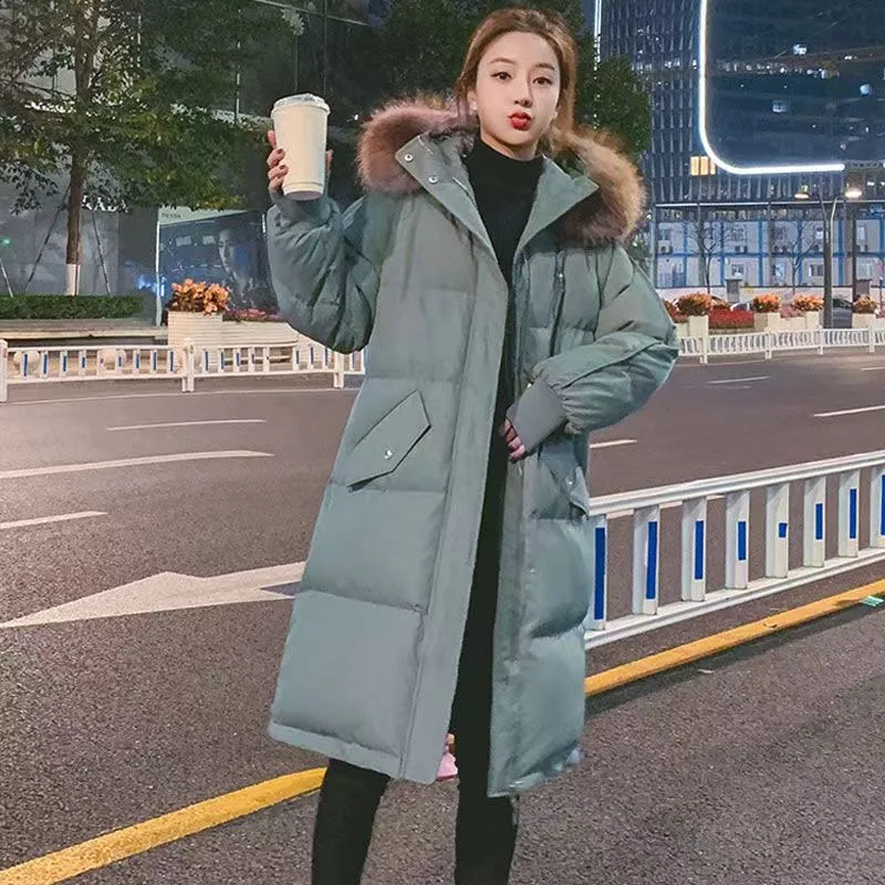 Women X-long Oversize Blue Down Jackets Thick Casual with Fur Parkas 2023 Winter Female Down Coats Hooded Solid Warm Snow Coats