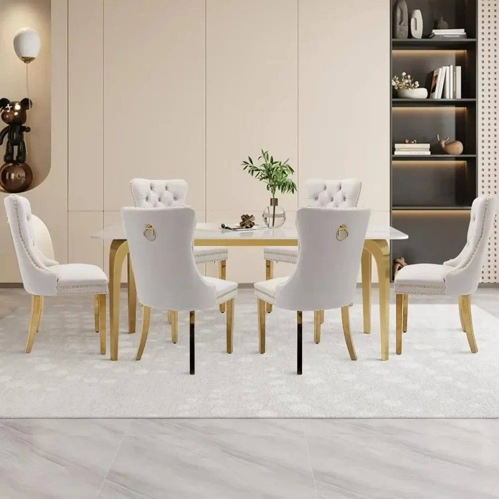 Velvet Upholstered Dining Chairs Set of 2, Nailhead Trim and Gold Plated Leg, Metal Pulling Ring, Modern Style Kitchen Chairs 3