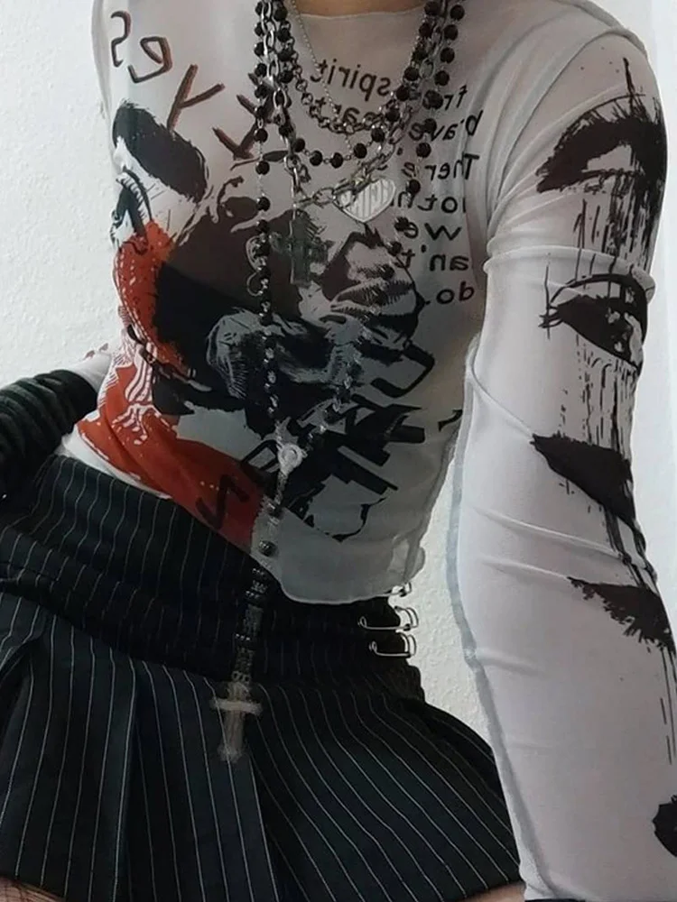 Women's Gothic Graphic Print Crop Top with Sheer Long Sleeves and Y2K Accessories