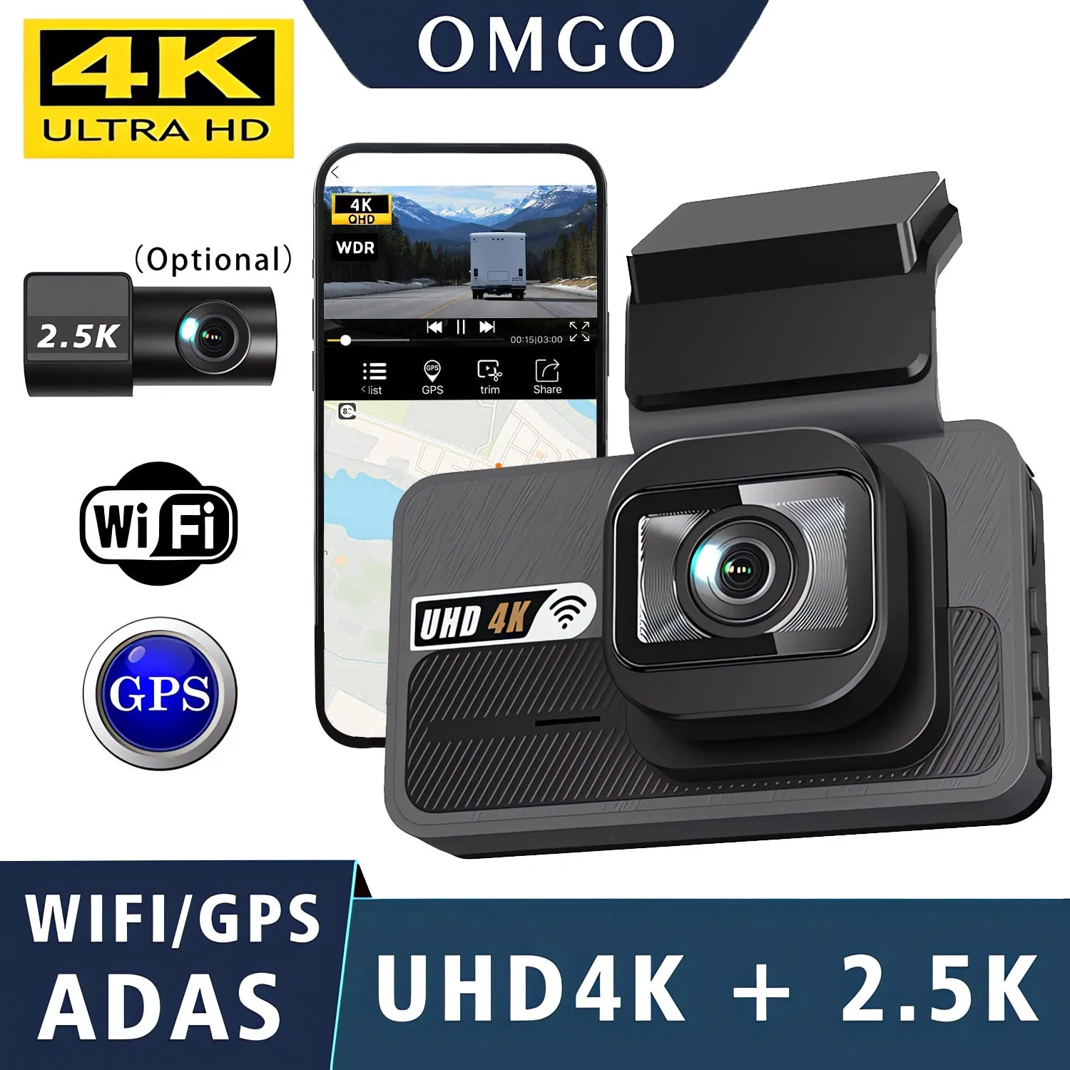 4K + 2.5K داش كام واي فاي ADAS GPS كاميرا DVR للسيارة عدسة مزدوجة داشكام محرك فيديو مسجل تسجيل الصندوق الأسود AI سائق المساعدة
