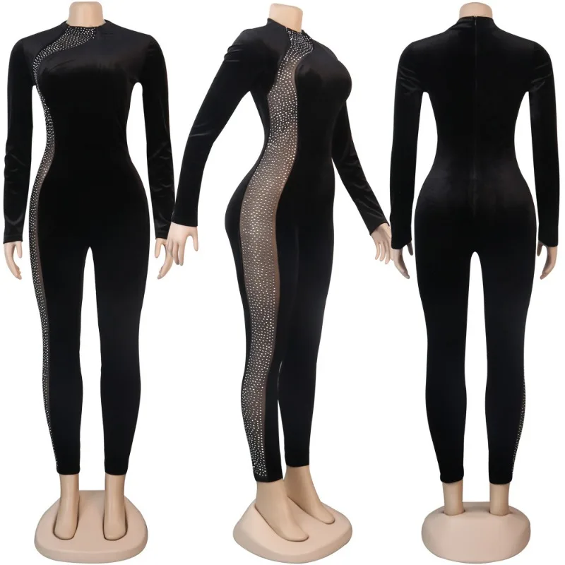 Women's Sexy Velvet Patchwork Diamond Round Neck Slim Jumpsuit Temperament Commuting Women Fashion Skinny Jumpsuits Night Out
