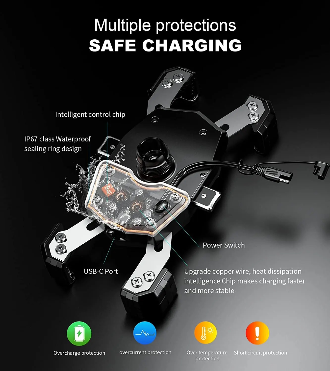 오토바이 휴대폰 거치대 Qi 15W 무선 충전기, USB C 20W 고속 충전, 원 푸시 방수, 오토바이 핸들 바 휴대폰 마운트
