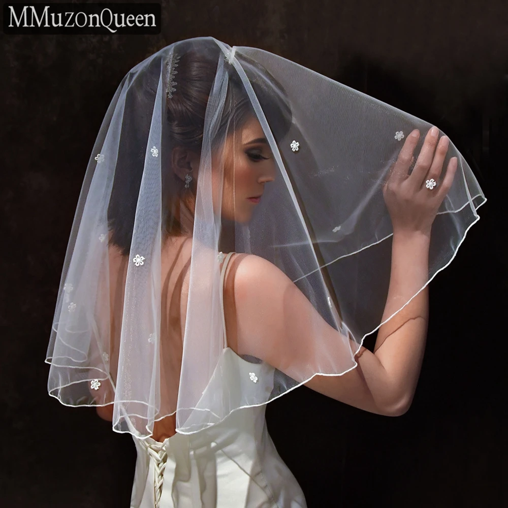 M35 Veil With Flowers Wedding Veil 2 Tier Face Covering Veil Soft White/Off-White Girlfriend Wedding Veil Muslim Woman Veil