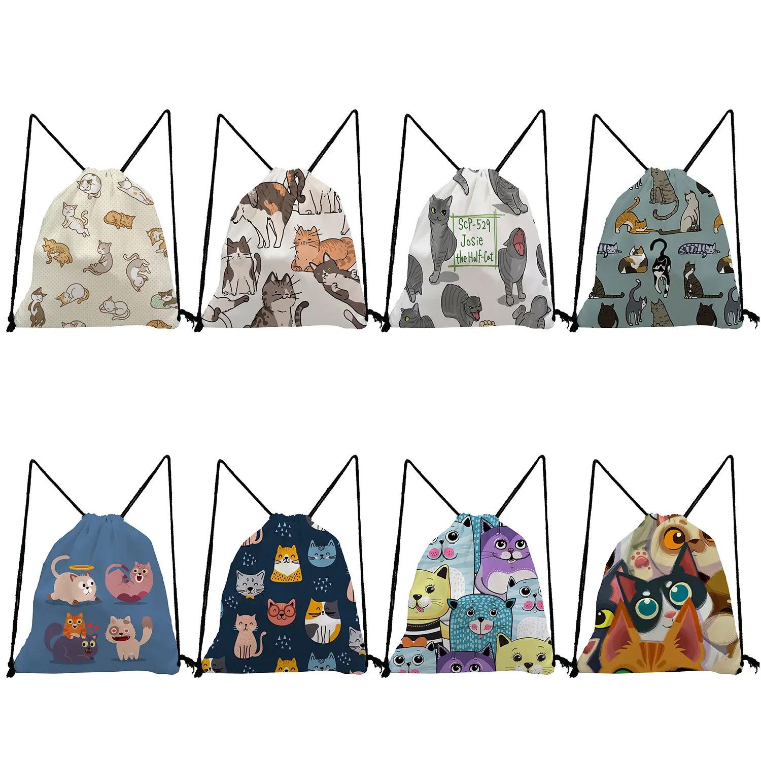 Mochila portátil con estampado de dibujos animados para chica adolescente, bolsa suave reutilizable con cordón, dibujo de gato, ecológica