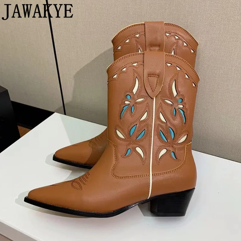 

Винтажные кожаные ботинки с вышивкой в стиле ретро, ботинки челси с острым носком и низким каблуком, длинные ботинки в западном стиле Botas Mujer