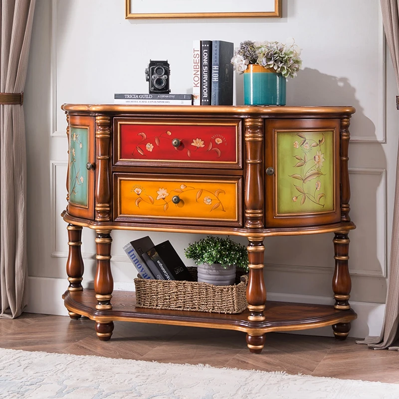 

American-Style Console Tables European-Style Corridor Half round Table Solid Wood Hand-Painted Carved Painted Gold