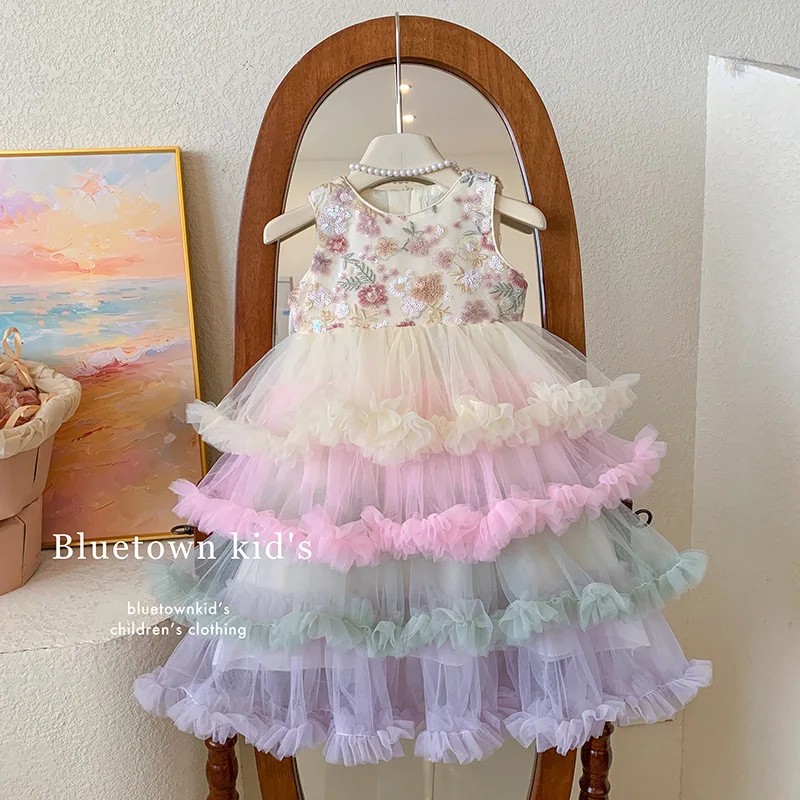 Girls Tank Top Dress 2025 Summer New Girls Elegant Mesh Puff Dress Children Princess Dress Fairy Children Clothing - 5