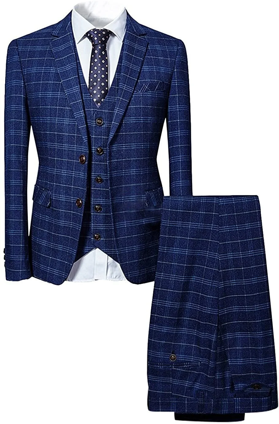 

Blue Grid 3Pcs Jacket Pants Vest Men's Suits Sets Plaid Classic Wedding Clothing Notch Lapel Vintage Prom/Dinner Blazer Trousers