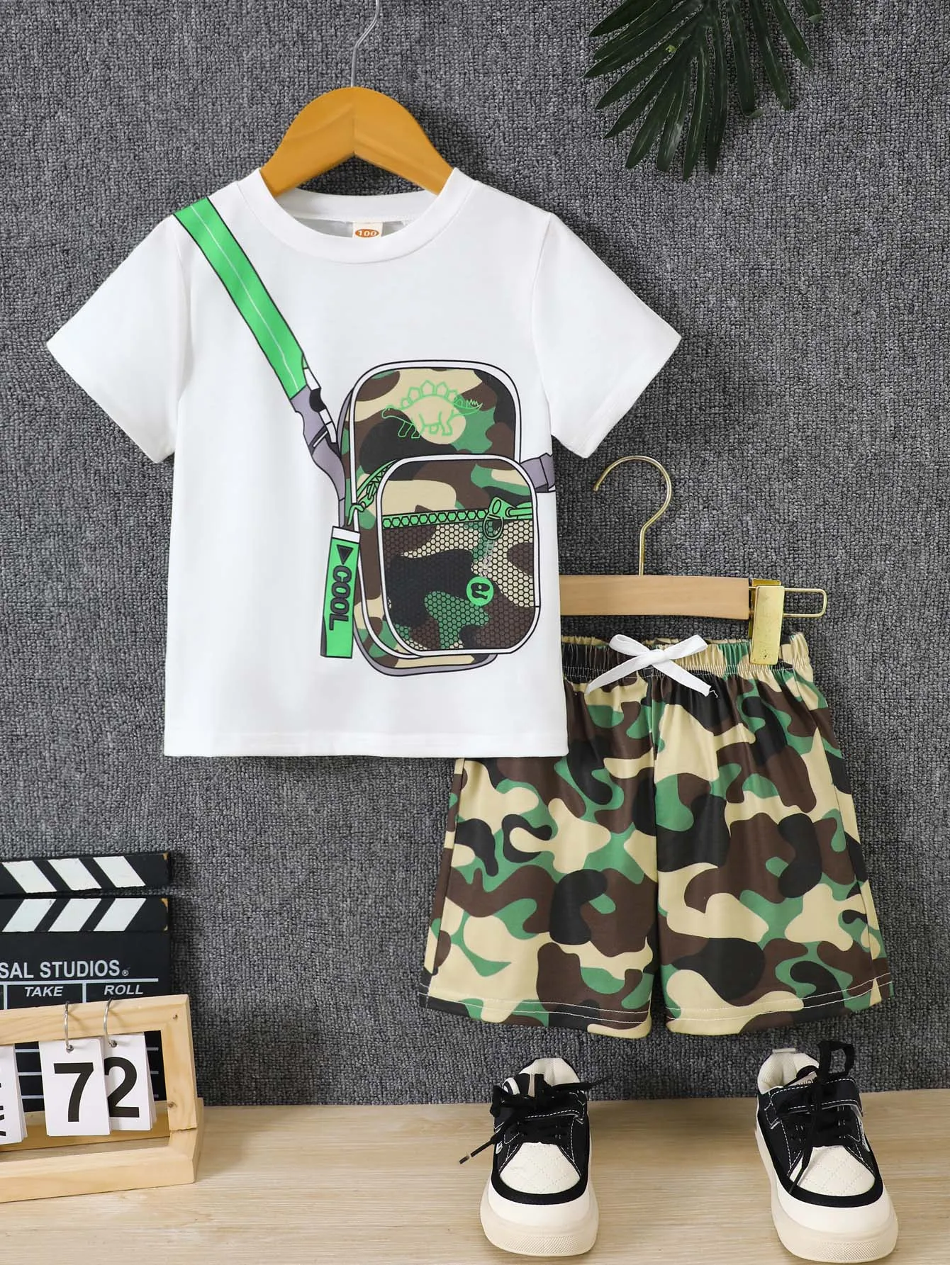 Boys Summer Clothing Set 2Pcs Breathable Fake Bag Print Short Sleeve T-Shirt and Camouflage Shorts Kids Casual Tracksuit Outfits - 2