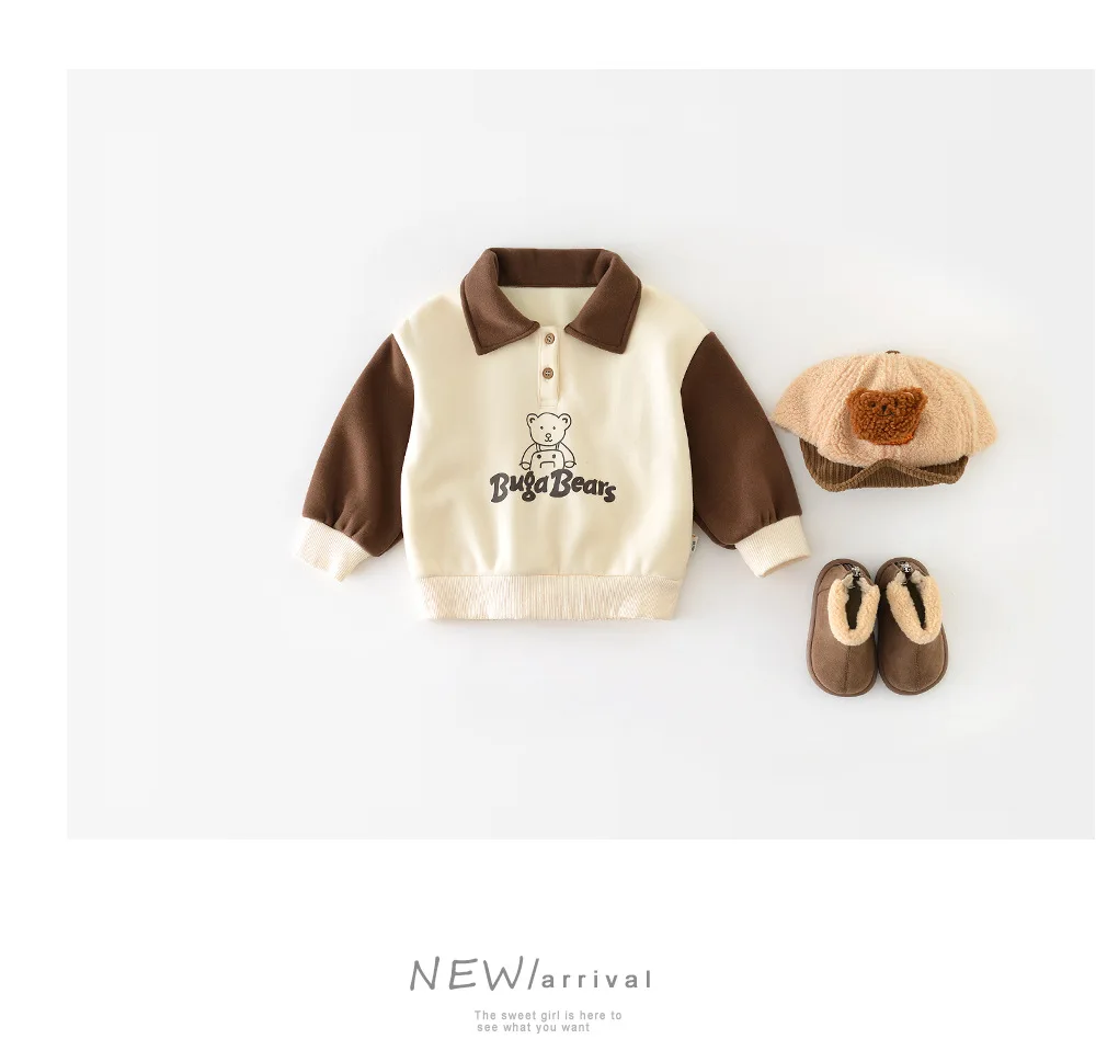 Description Picture 5 of item2025 Winter New Baby Long Sleeve Fleece Sweatshirt Bear Print Toddler Boy Girl Plus Velvet Thick Lapel Tops Infant Warm Pullover