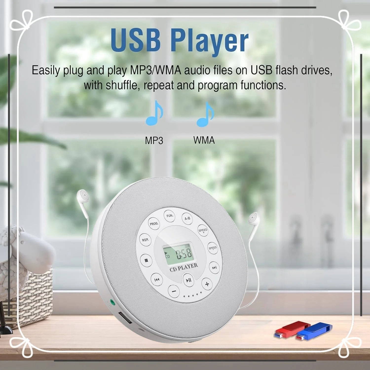 휴대용 CD 플레이어, USB 플레이어, AUX, 스테레오 스피커, 스테레오 헤드폰 잭, 재생 속도 제어, 충전식 배터리