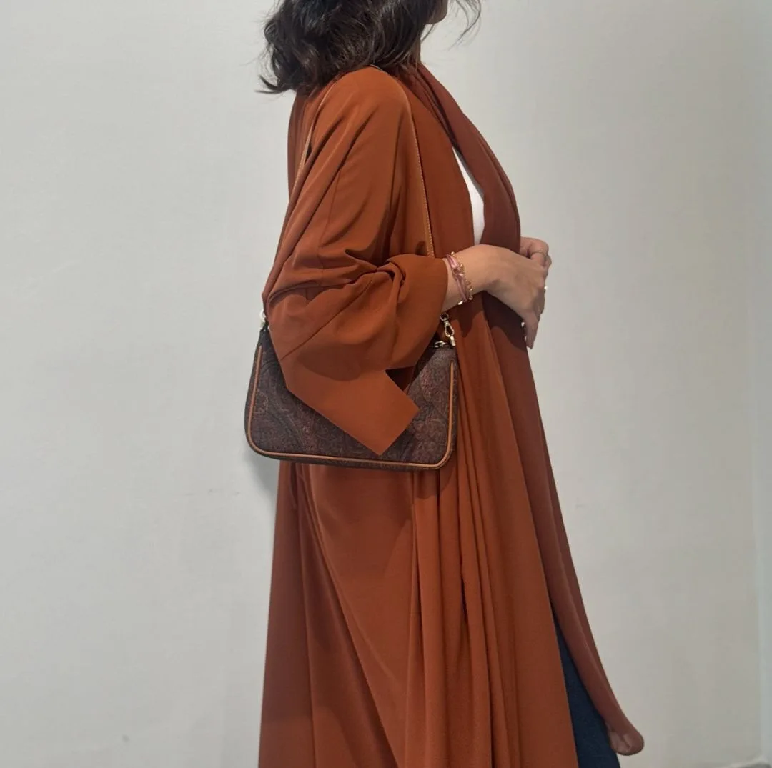 Flowy Abaya with Back Tie Detail, Ice-Silk Texture & Flared Sleeves – Assorted Earth Tones, No Hijab, view 6