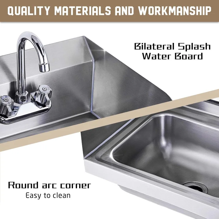 Stainless Steel Sink for Washing with Faucet and Side Splash, NSF Commercial Wall Mount Hand Basin for Restaurant, Kitchen 4