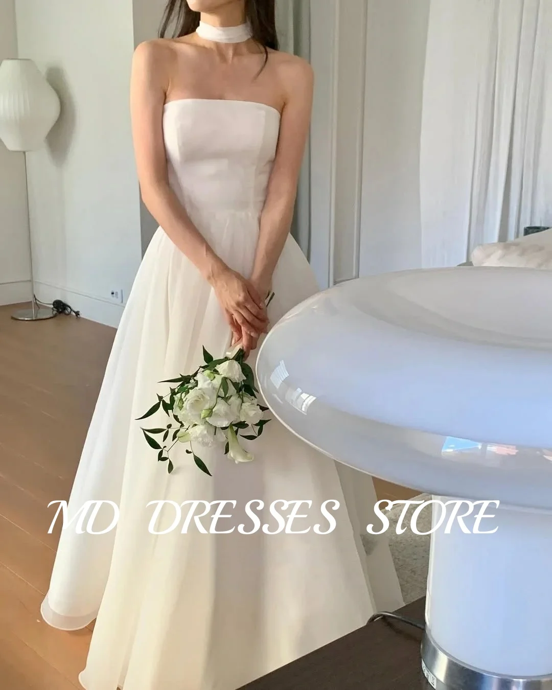 MD Simple White A-line Wedding Dresses Off Shoulder with Shawl Korea Photoshoot Pleat Bridal Gown Corset Back Customised 웨딩드레스 2