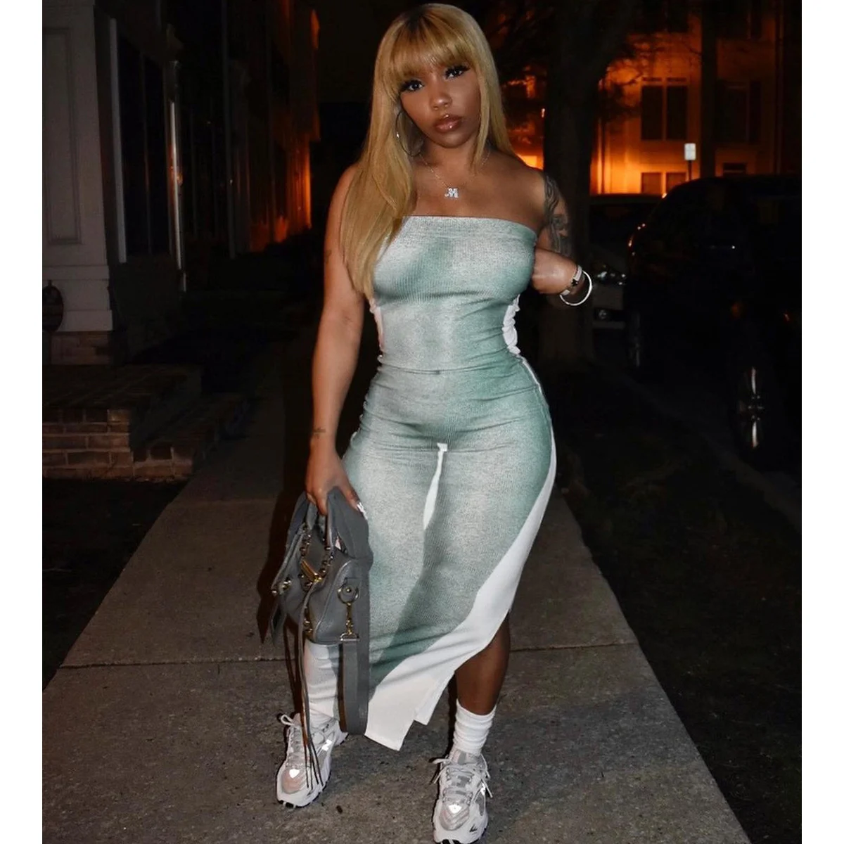 

Women Nightclub 3D Body Print Dress Split Wrap Sleeveless Stretch Clothing Off Shoulder Bandage Bodycon Midi Dresses