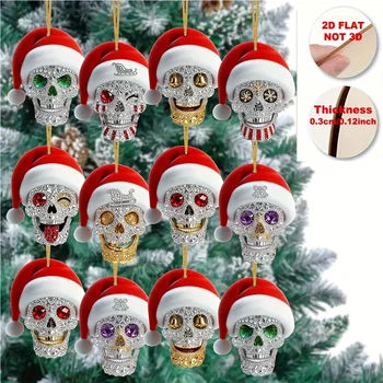 8-Piece Gothic Santa Skull Ornaments – 2D Acrylic Diamond-Style Pendants