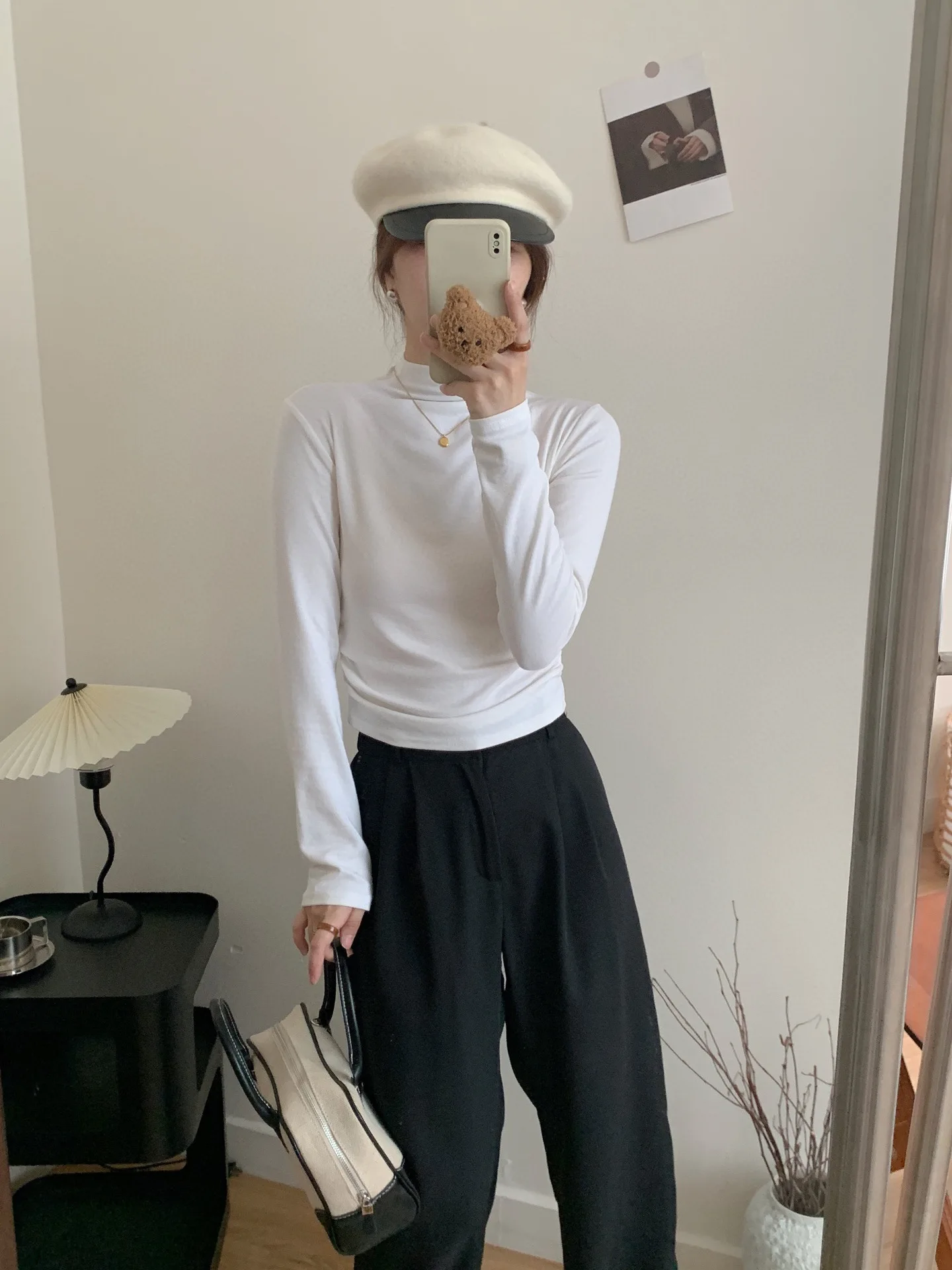 autumn-and-winter-top-knitted-pleated-close-fitting-base-shirt-comfortable-loose-half-high-neck-white-long-sleeve-clothing