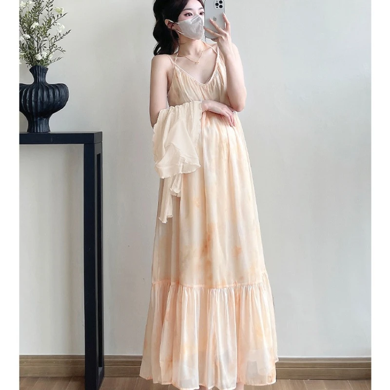 2026 봄 임부복 세트 스윗 하이웨이스트 V넥 스트랩 드레스와 긴팔 가디건 임산부 투피스 세트