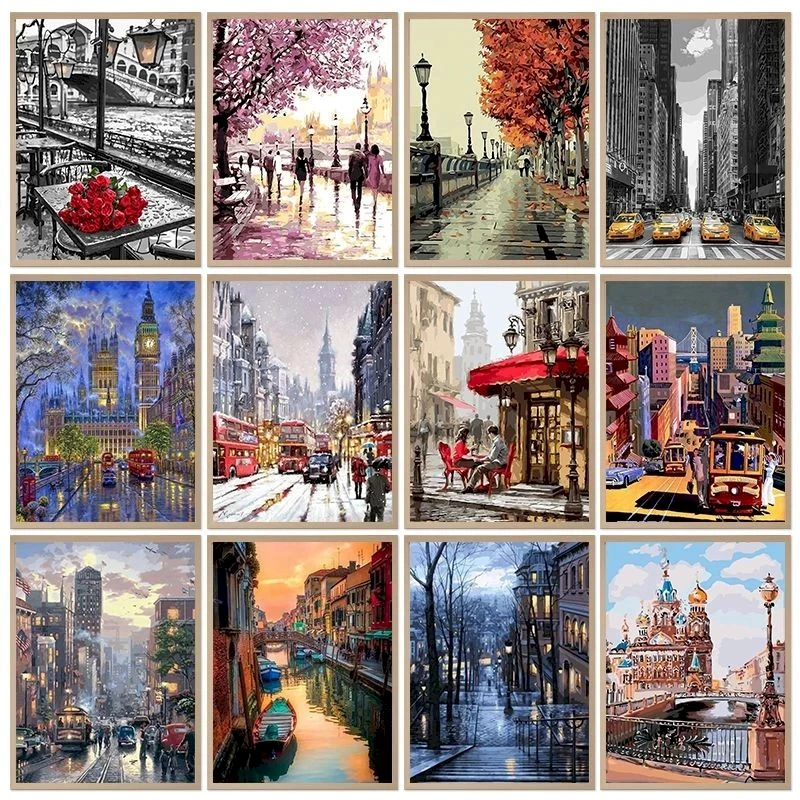 Chenistory Paint By Number Canvas Painting Kits Landscape Coloring By Numbers City Streets