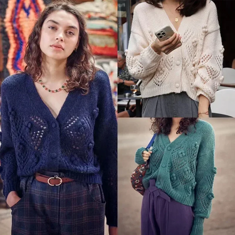 2024 여성용 복고풍 크로셰 브이넥 할로우 퍼 볼, 단색 울 혼방 루즈 가디건, 가을 및 겨울