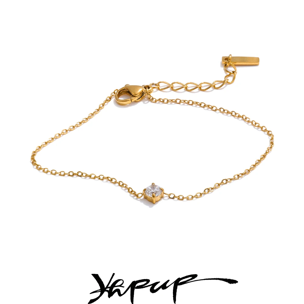 Yhpup Stainless Steel Zircon Thin Chain Shiny Bracelet