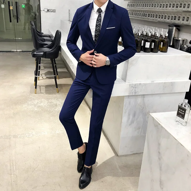 Jacket + Pants Fashion Boutique Solid Color Casual Business Mens Suit Groom Wedding Men Formal Social Suit Blazer 2 Pcs Set